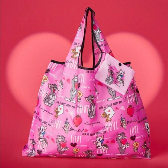 Tom & Jerry Reusable Tote Bag Packable Pink Love You More NWT - Picture 2 of 5